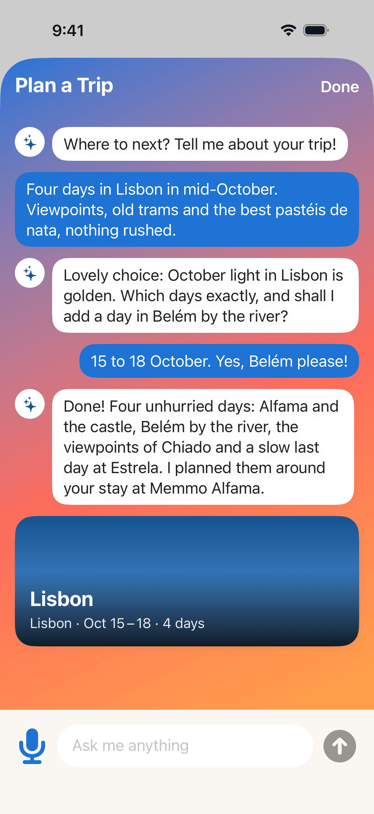 TravelMate chat planning a four-day Lisbon trip in conversation, ending in the new trip card