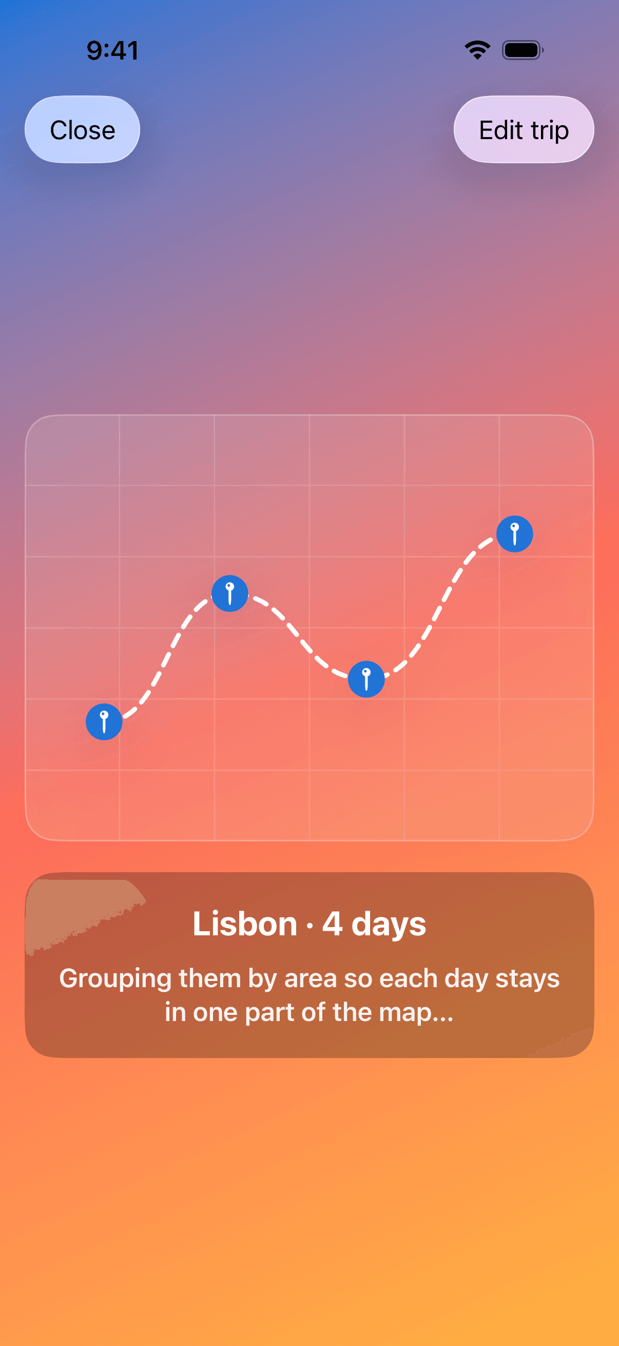 TravelMate planning screen grouping the Lisbon stops by area while the plan is built