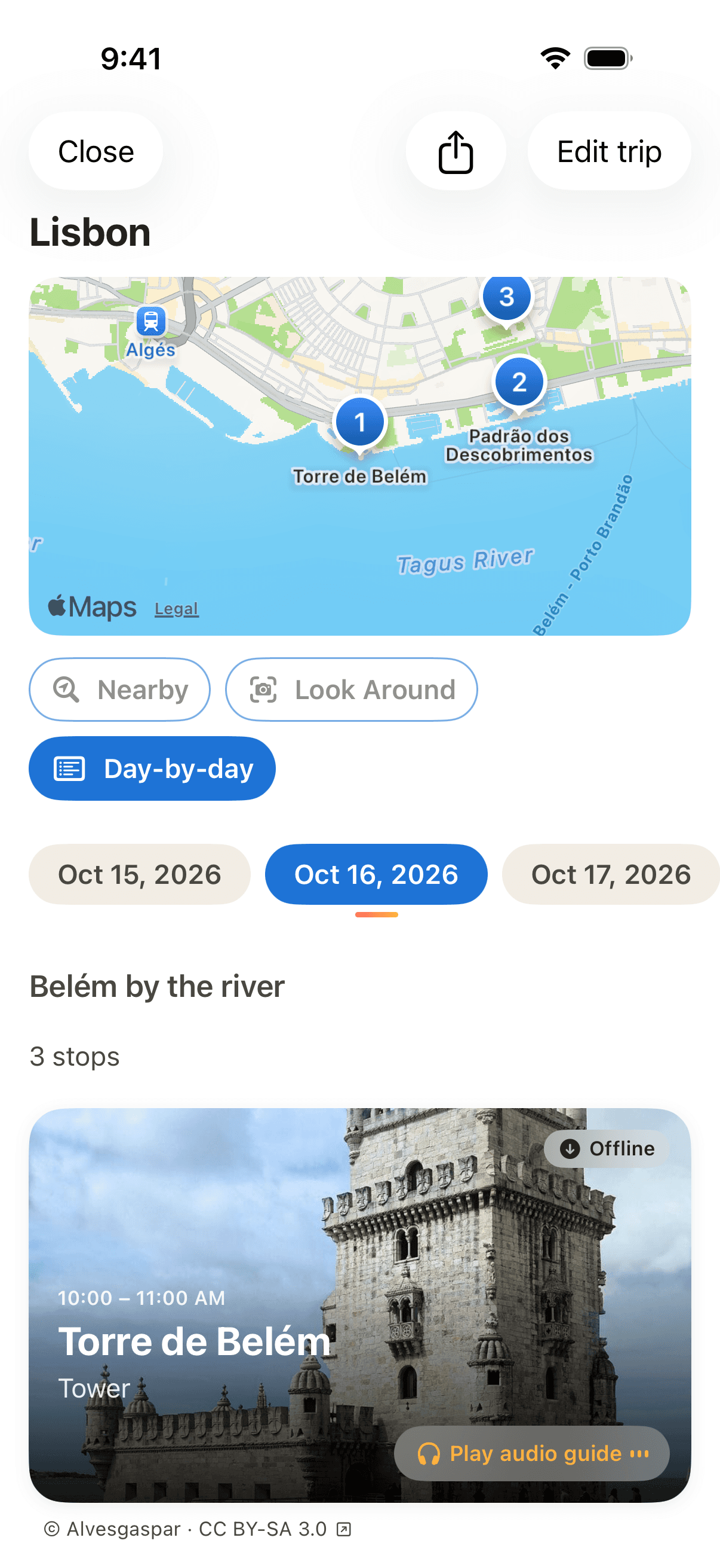TravelMate Belém day on the map, with the offline badge on Torre de Belém and the Look Around button