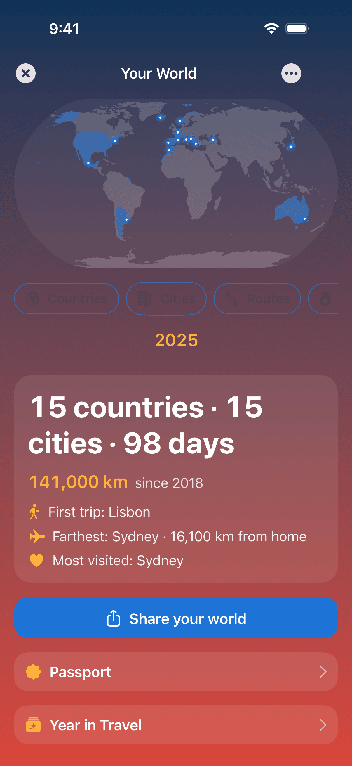TravelMate Your World screen with a world map of visited places and travel stats